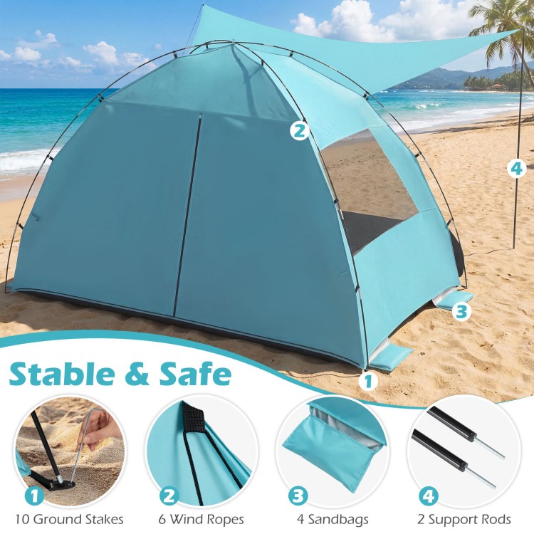 Beach tent sun shelter in blue with extended canopy, UPF50+ protection, spacious interior for 5-6 people, and stability.