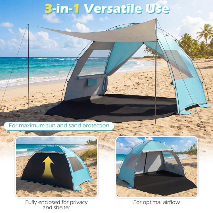 Beach tent sun shelter in blue with extended canopy, UPF50+ protection, spacious for 5-6 people, ideal for beach use.