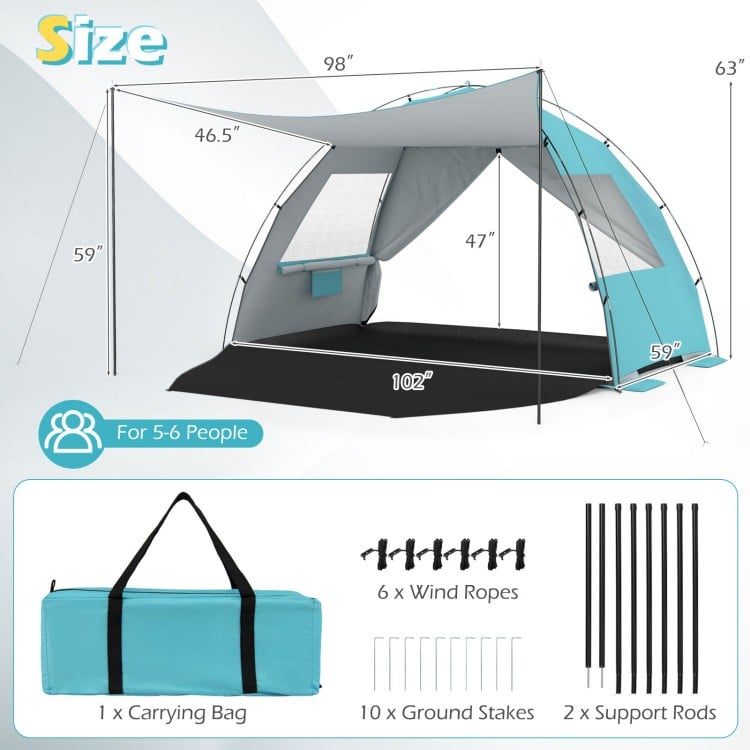Beach tent sun shelter in blue with UPF50+ protection, spacious for 5-6 people, featuring extended canopy and easy.