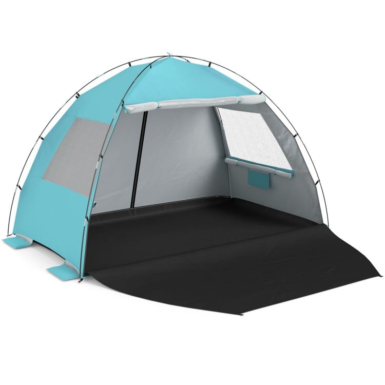 Spacious blue beach tent sun shelter with extended floor, vent windows, and UPF50+ protection for family comfort.