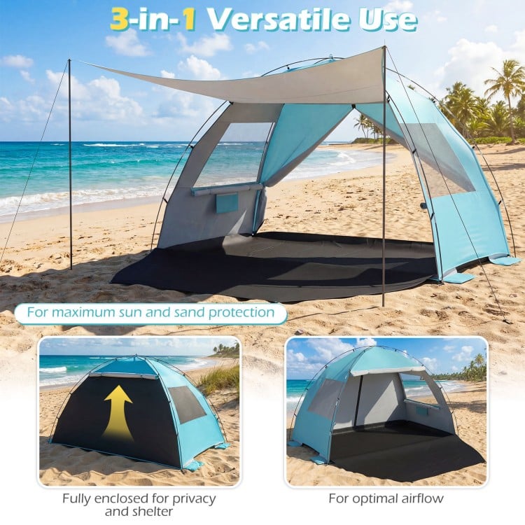 Beach tent sun shelter in blue with extended floor, UPF50+ protection, and ventilation for family comfort on the beach.