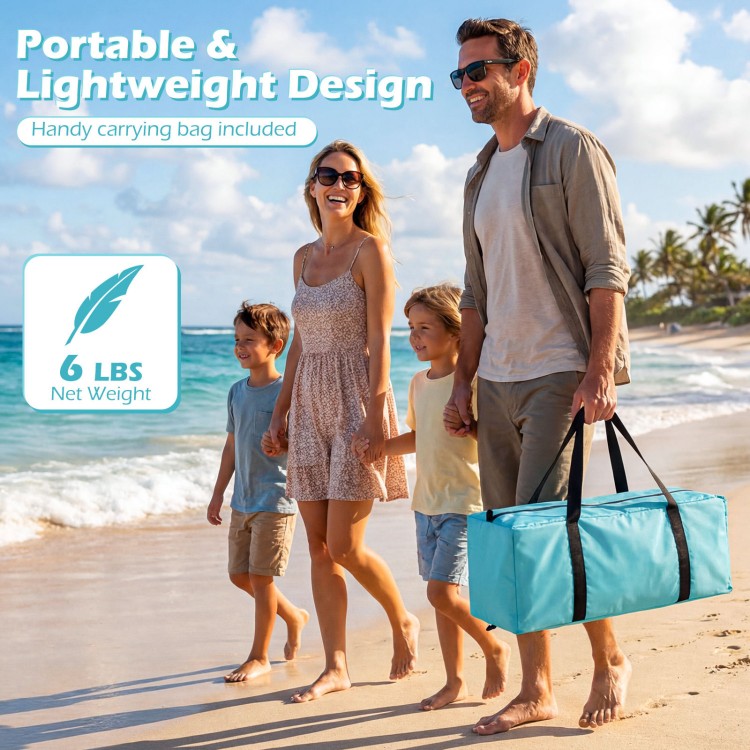 Family enjoying a day at the beach with a blue Beach Tent Sun Shelter, featuring a spacious interior and UPF50+.