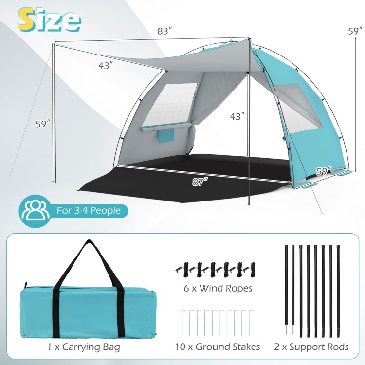 Beach tent sun shelter in blue, spacious 87" x 59", with UPF50+ protection, extended floor, and ventilation windows.