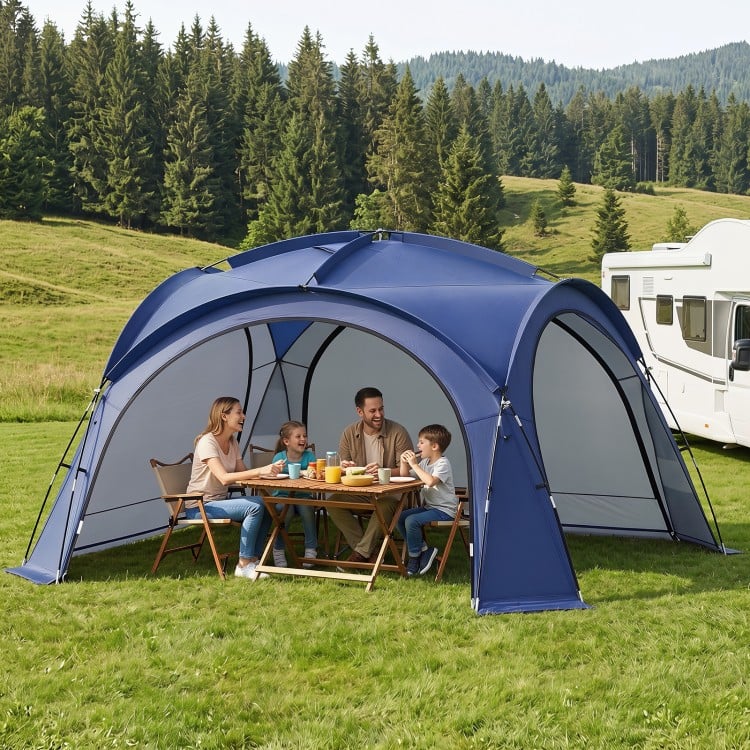 Spacious blue beach tent for 12-15 people features removable sidewalls, UPF 50+ protection, and easy setup.