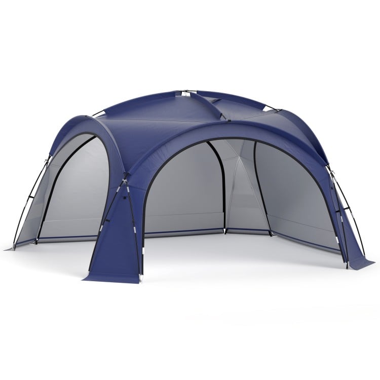 Large blue beach tent for 12-15 people features removable sidewalls and UPF 50+ sun protection for outdoor gatherings.