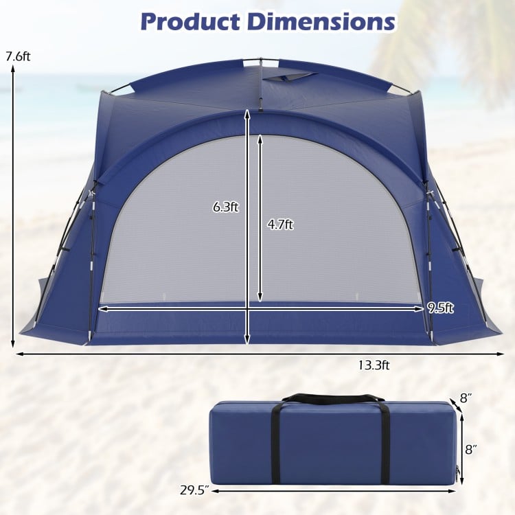 Large blue beach tent for 12-15 people with removable sidewalls, measuring 13.3ft x 9.5ft x 7.6ft for easy setup.