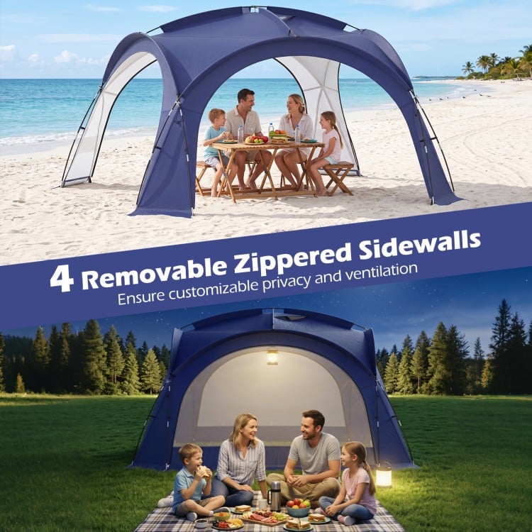 Spacious blue beach tent for 12-15 people with 4 removable zippered sidewalls, offering customizable privacy and ventilation.