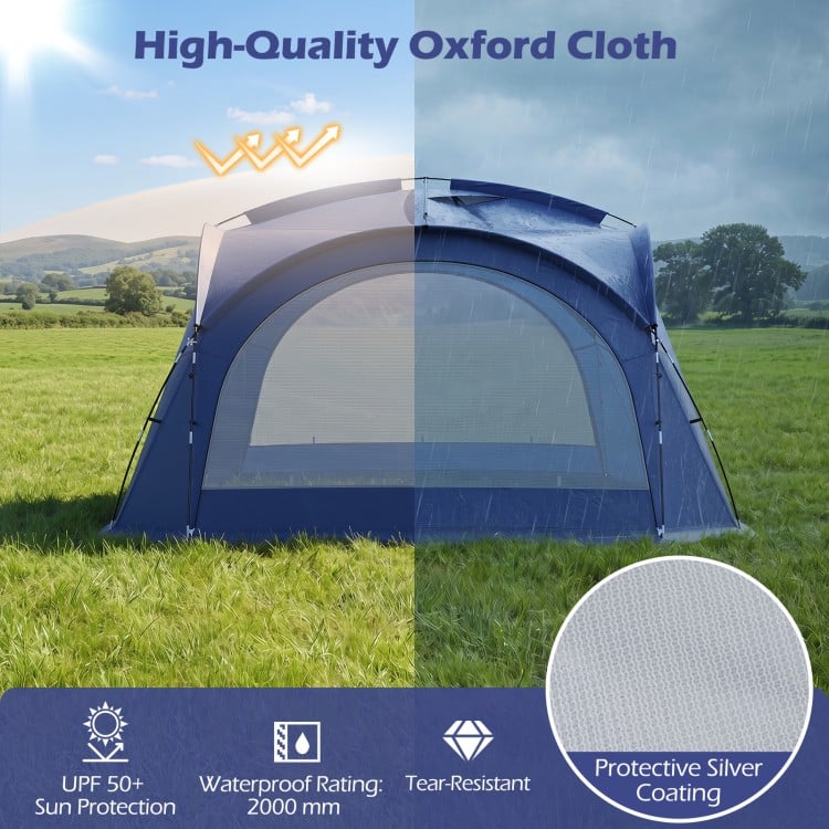 Large blue beach tent for 12-15 people features UPF 50+ protection, removable sidewalls, and easy setup for outdoor events.