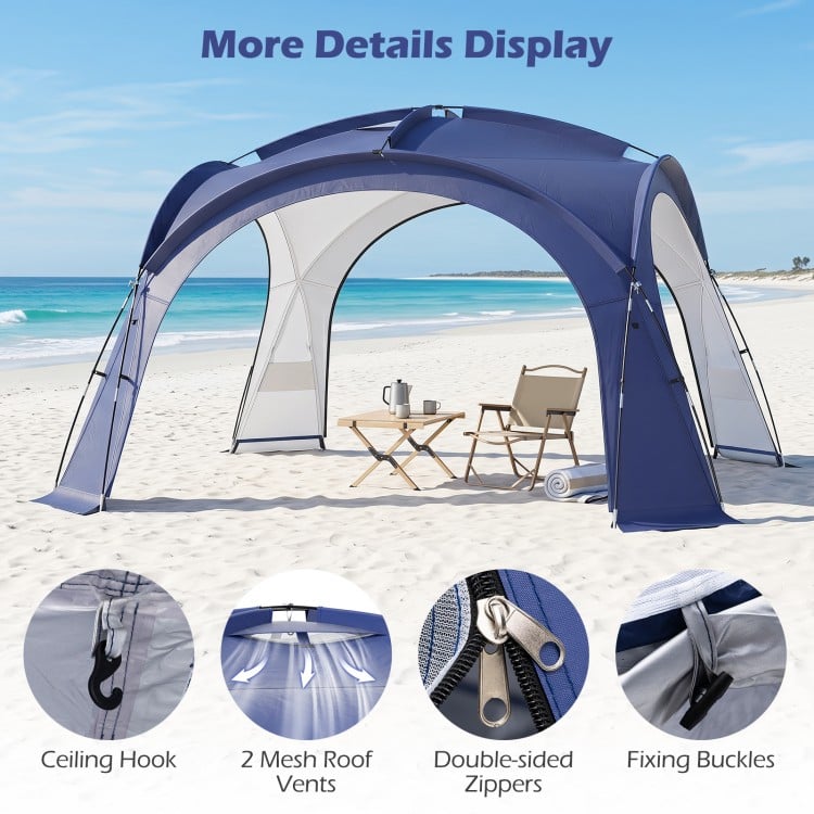 Beach tent for 12-15 people features removable zippered sidewalls, UPF 50+ protection, and mesh roof vents for ventilation.