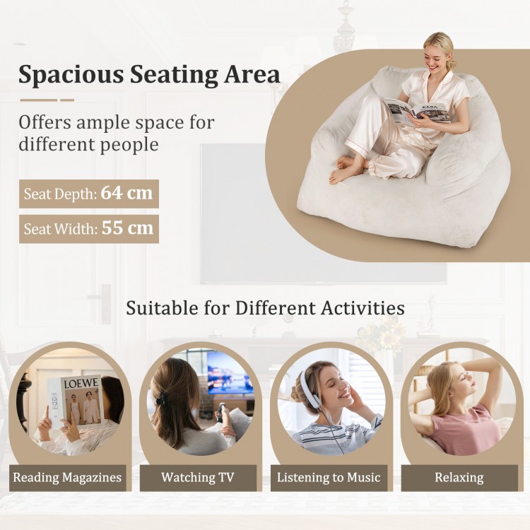 Bean bag chair in beige with plush velvet cover, featuring spacious seating for relaxation and support for various.