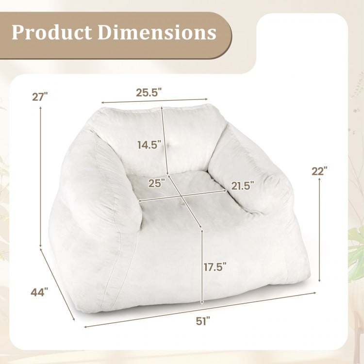 Bean bag chair dimensions showing spacious seat and plush velvet cover in beige for comfortable lounging.