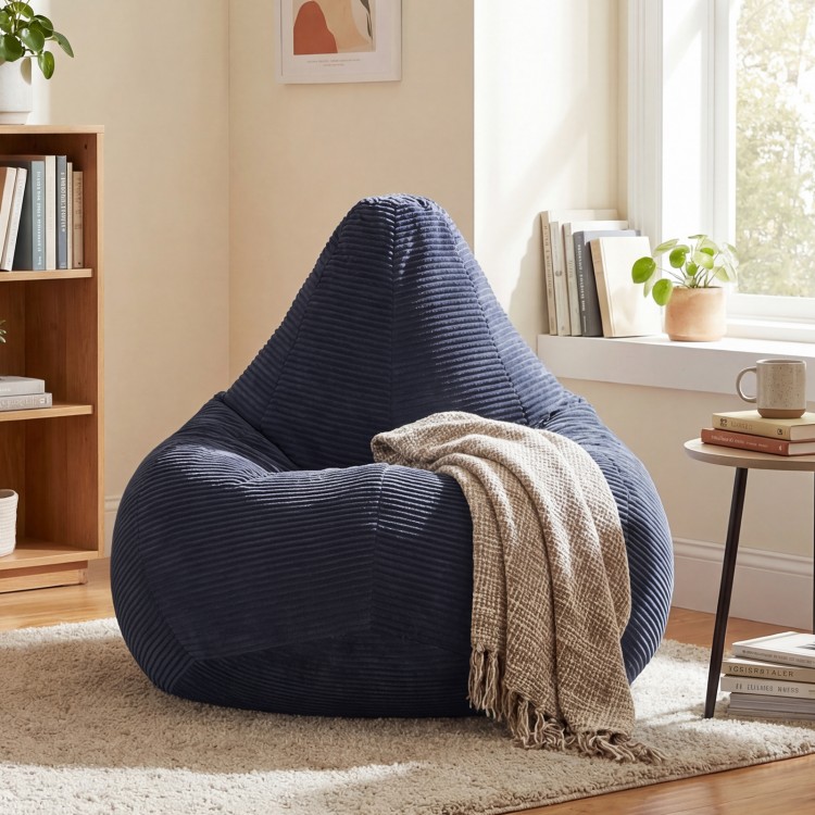 Blue bean bag chair with skin-friendly corduroy cover and soft sponge filling, perfect for lounging in any room.