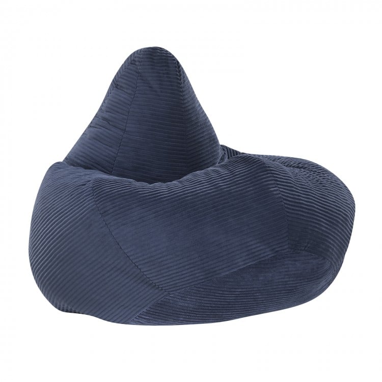 Blue bean bag chair with ergonomic shape, soft sponge filling, and corduroy cover for comfortable lounging in any room.