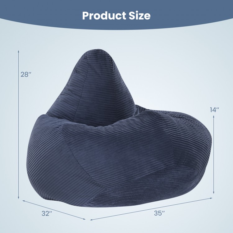 Bean bag chair in blue with ergonomic shape, corduroy cover, and dimensions 28" H x 35" W, perfect for lounging.