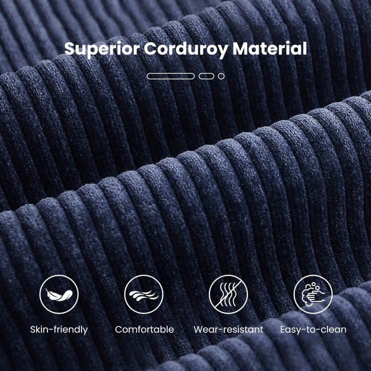 Close-up of the blue corduroy texture on a bean bag chair, showcasing its skin-friendly, wear-resistant material.