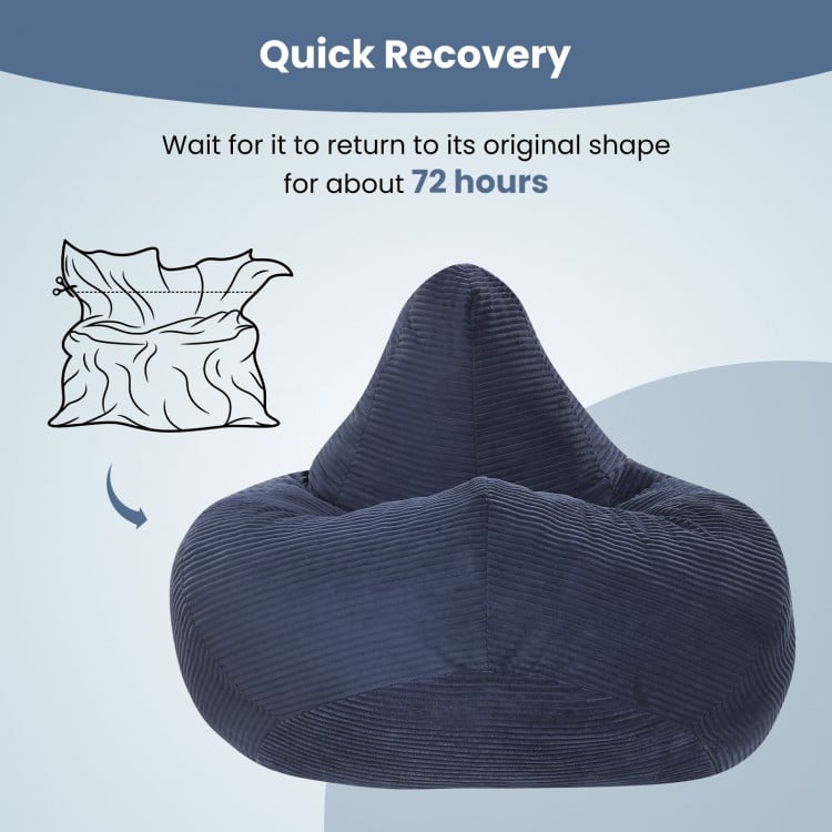 Bean bag chair in blue with corduroy cover, showcasing quick recovery feature for lasting comfort and support.