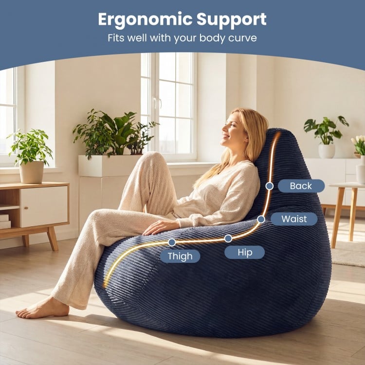 Blue bean bag chair with corduroy cover, ergonomic support for adults, ideal for lounging in living rooms or bedrooms.
