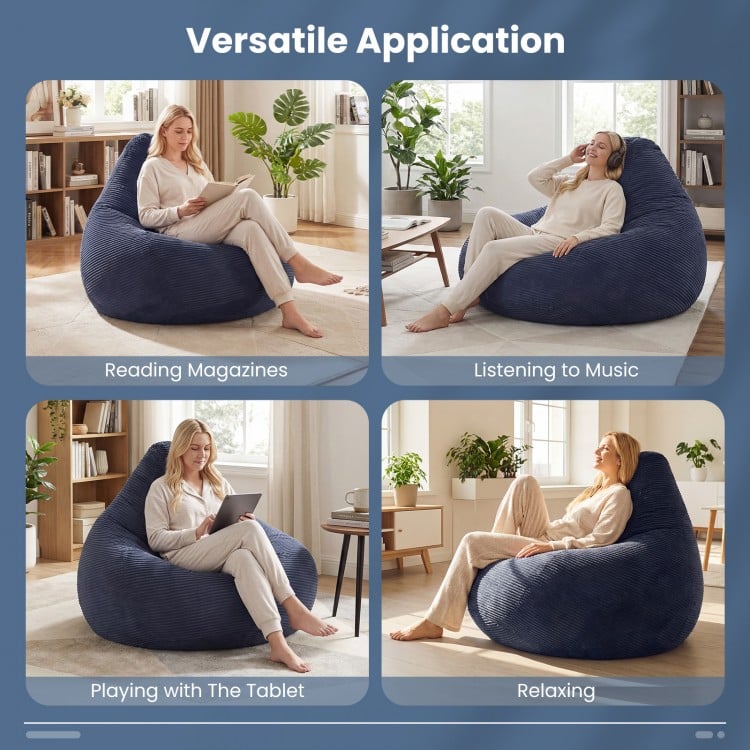 Bean bag chair in blue corduroy, perfect for relaxing, reading, or using a tablet in various indoor settings.