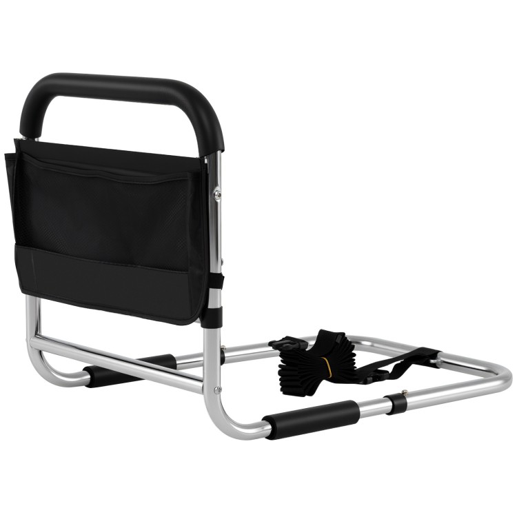 Height adjustable bed assist safety rail with padded handrail and mesh pocket, designed for elderly and disabled users.