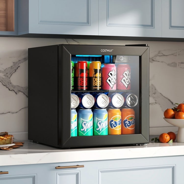 Beverage refrigerator cooler in black, showcasing 12 bottles and 55 cans with adjustable shelves and blue LED light.