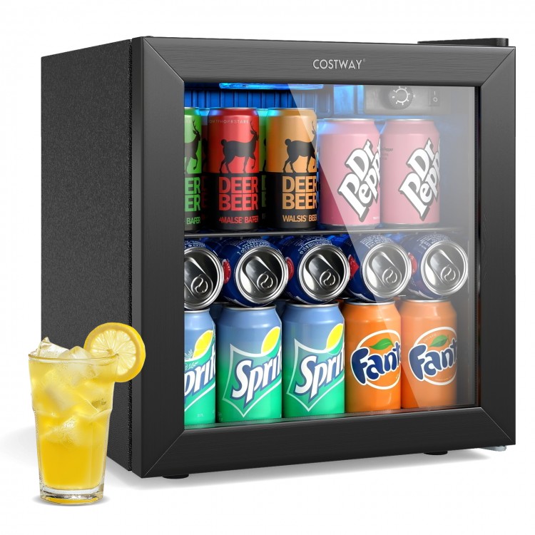 Beverage refrigerator cooler with glass door, holding 12 bottles and 55 cans, featuring adjustable temperature settings.