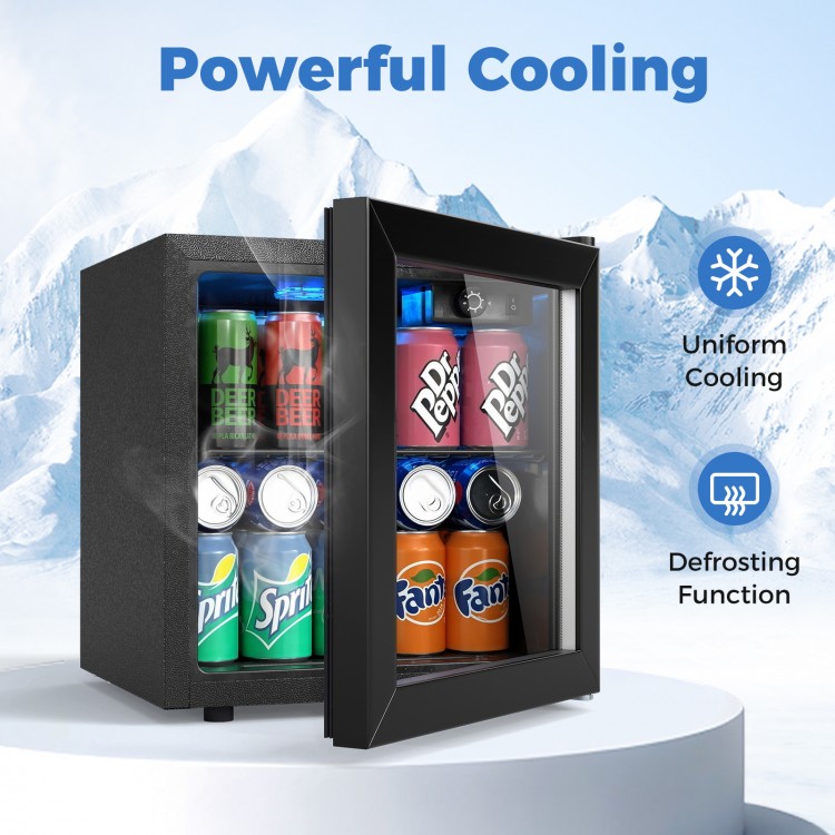 Beverage refrigerator cooler with a glass door, holding 12 bottles and 55 cans, featuring powerful cooling and.