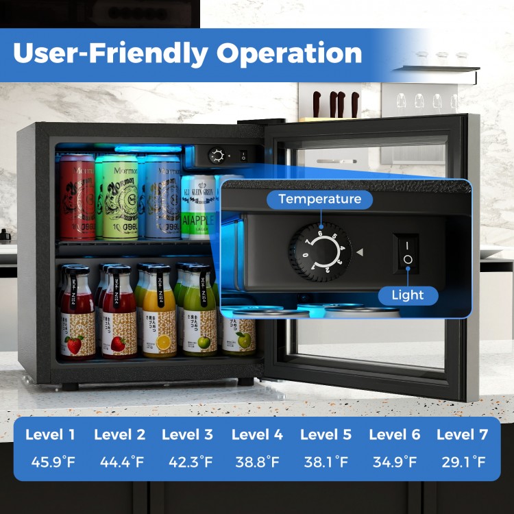 Beverage refrigerator cooler with adjustable temperature settings, showcasing interior blue LED light and removable.