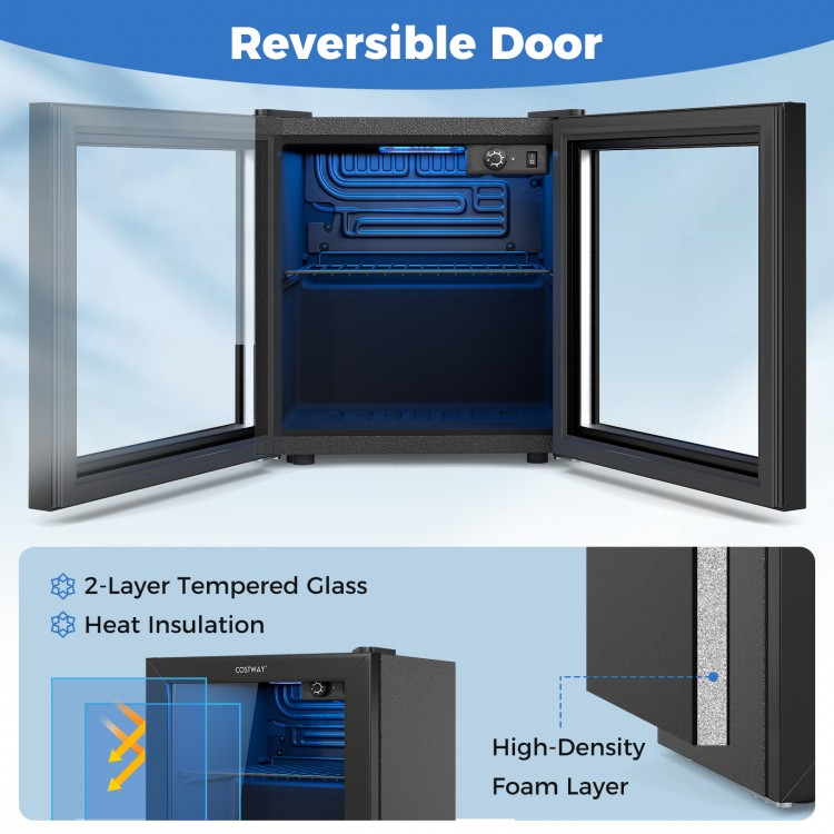 Beverage refrigerator with reversible door, 2-layer tempered glass, and adjustable shelves for 12 bottles and 55 cans.