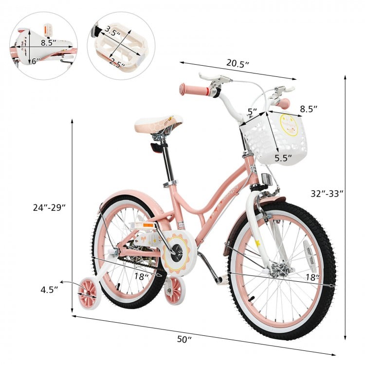 18-inch pink kids bike with adjustable seat, training wheels, and detachable basket for safe and fun riding.