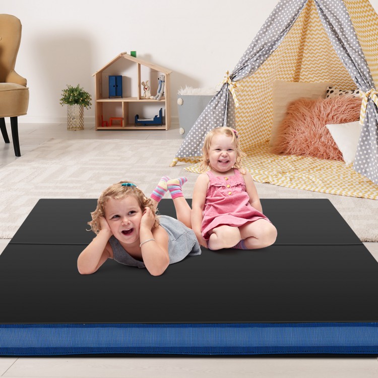 Thick black bi-fold gymnastics mat with two children playing, featuring waterproof cover and carrying handles for easy.
