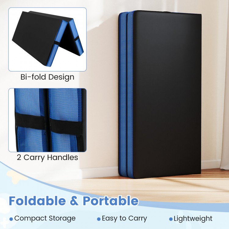 Bi-fold gymnastics mat in black with 2 carry handles, 4-inch thick EPE foam, ideal for home gym storage and exercise.