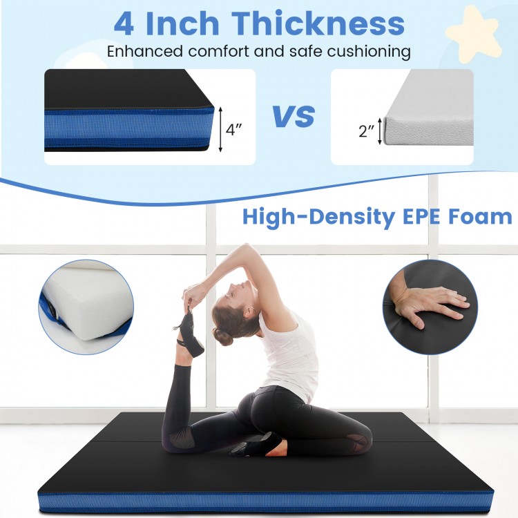 Bi-fold gymnastics mat with 4-inch thick EPE foam, waterproof cover, and carrying handles, perfect for yoga and.