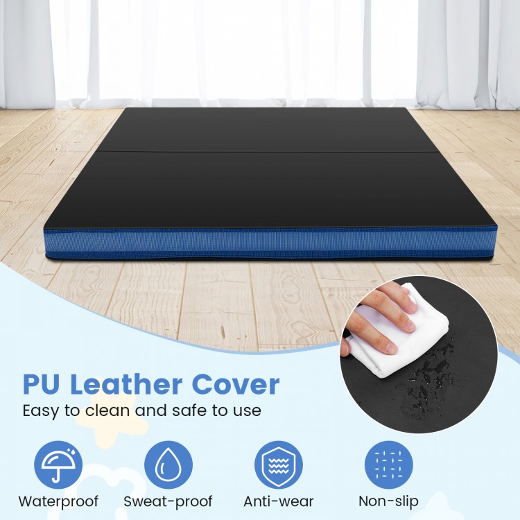Thick black bi-fold gymnastics mat with waterproof PU leather cover, ideal for yoga and exercise, featuring carrying.