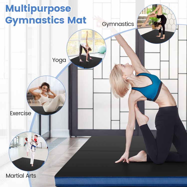 Thick black bi-fold gymnastics mat with carrying handles, ideal for yoga, exercise, and martial arts training.