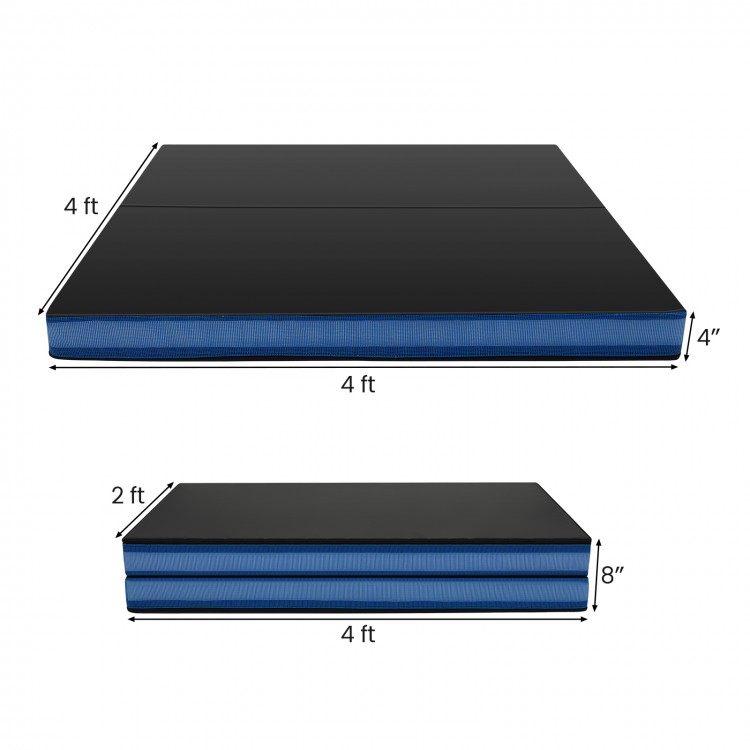 Thick black bi-fold gymnastics mat, 4-inch EPE foam, waterproof cover, ideal for yoga and exercise, with carrying.