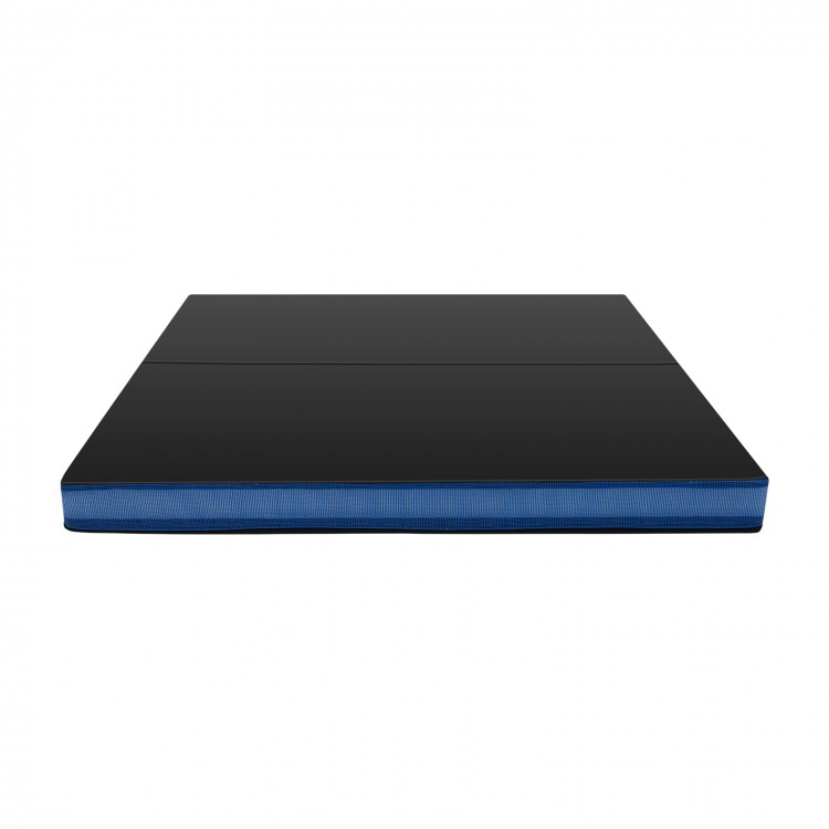 Thick black bi-fold gymnastics mat with blue edges, 4-inch EPE foam, ideal for yoga and exercise, featuring carry.