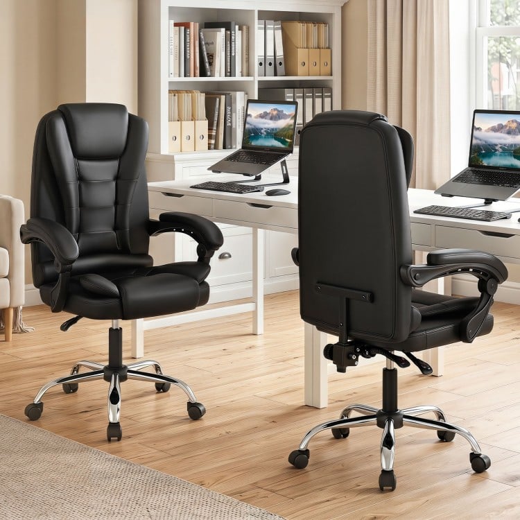 Big high back executive chair in black with linkage armrests and adjustable height for ergonomic office comfort.