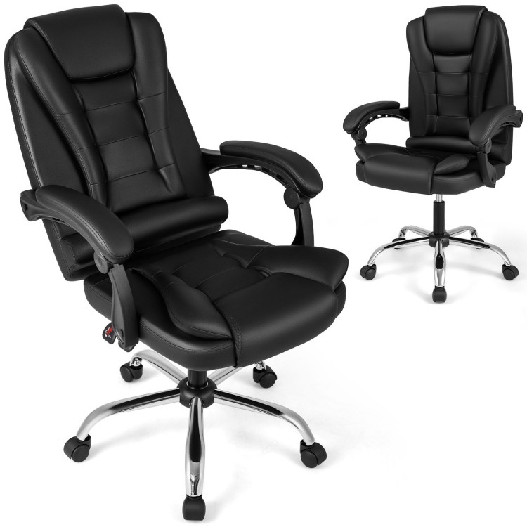 Big high back executive chair in black with leather padded seat and linkage armrests for ergonomic office comfort.