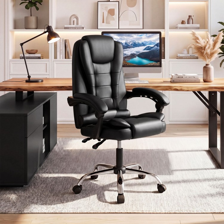 Black high back executive chair with linkage armrests, adjustable height, and ergonomic support for office use.