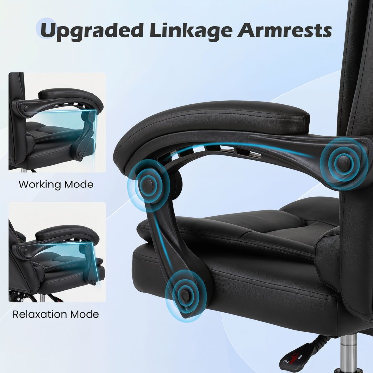 Big high back executive chair with linkage armrests in black, adjustable height and reclining for ergonomic office.