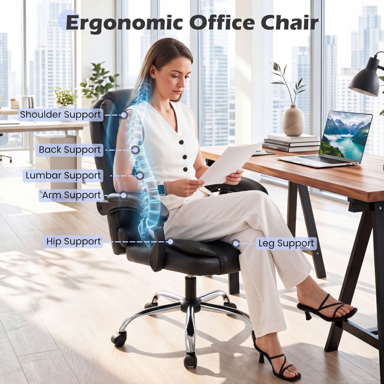 Ergonomic office chair with linkage armrests, adjustable height, and lumbar support for optimal comfort in black.