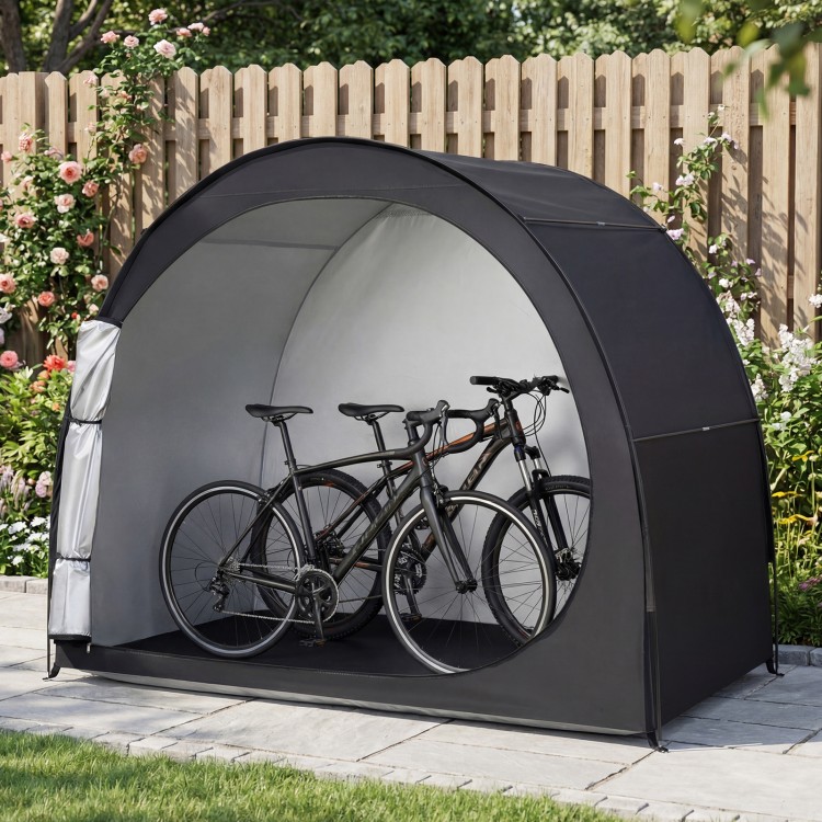 Portable bike storage tent in black, featuring waterproof fabric and enclosed design for protection against weather.