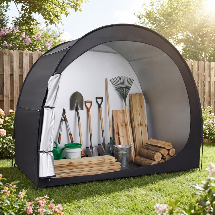 Portable bike storage tent made of waterproof PU coated oxford fabric, featuring a large walk-in door for easy access.