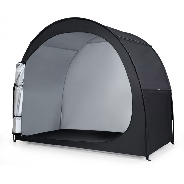 Portable bike storage tent in black, featuring waterproof PU coated fabric and a large walk-in door for easy access.