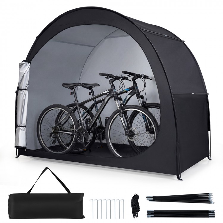 Portable bike storage tent in black, made of waterproof PU coated oxford fabric, featuring a large walk-in door for.