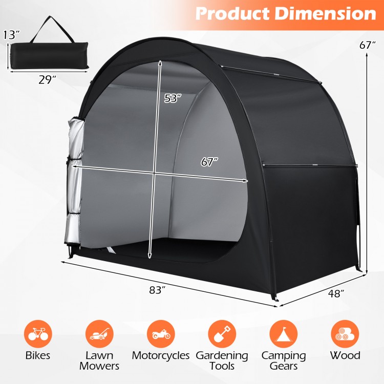 Bike storage tent dimensions with waterproof PU coated fabric, designed for easy access and protection from elements.