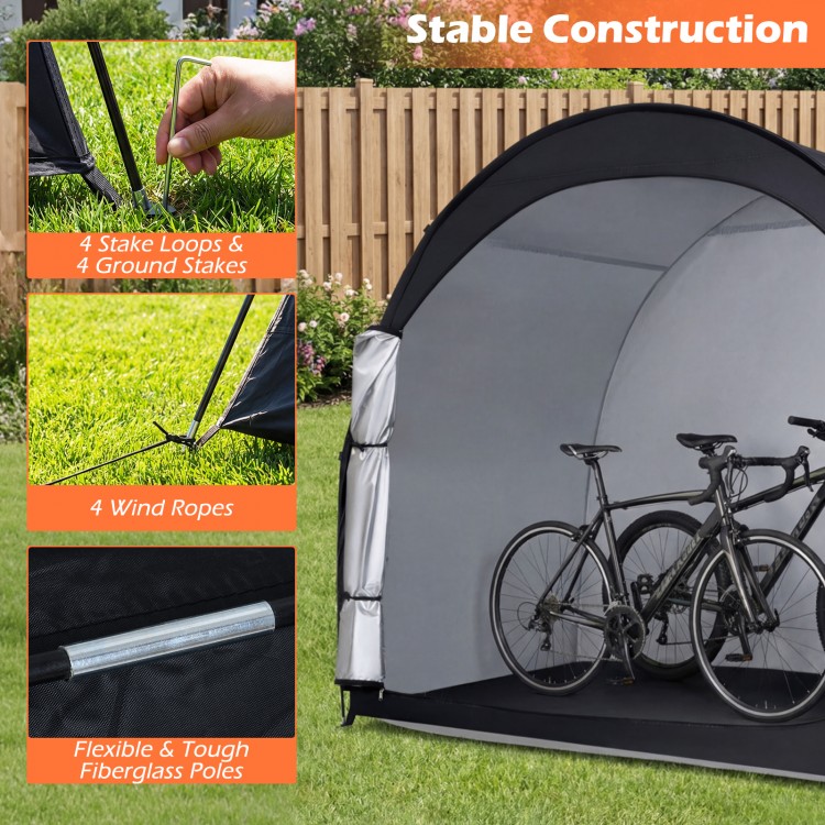 Bike storage tent with waterproof PU coated fabric, featuring flexible fiberglass poles and secure anchoring for.