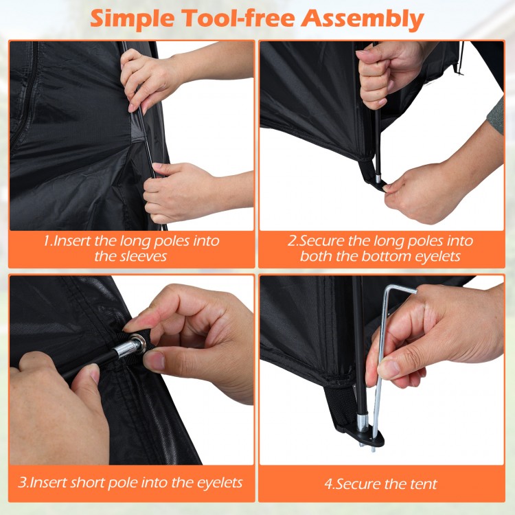 Tool-free assembly steps for the portable bike storage tent made of waterproof PU coated oxford fabric.
