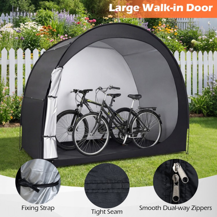 Bike storage tent with large walk-in door, waterproof PU coated fabric, and flexible fiberglass poles for outdoor.