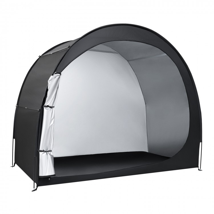 Bike storage tent in black with flexible fiberglass poles and waterproof floor mat for enhanced outdoor protection.